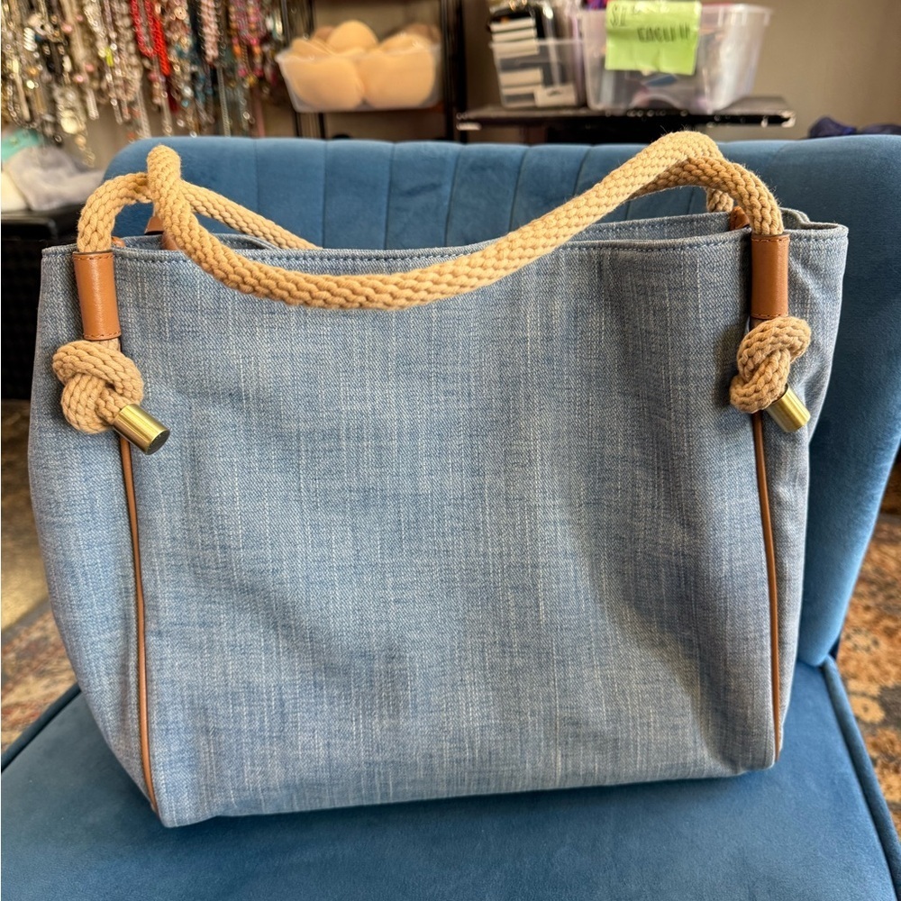 Michael Kors Isla Washed Canvas & Leather Trim Satchel – Light Denim Blue - Picture 4 of 9